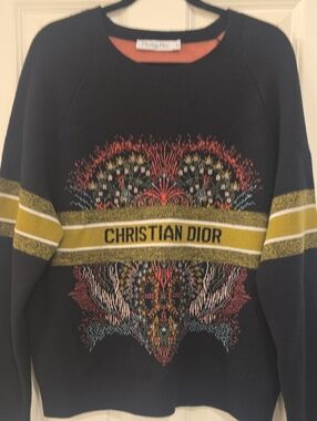 Dior Womens Black Crewneck Sweater with Green Yellow Stripe and Multicolor Motif